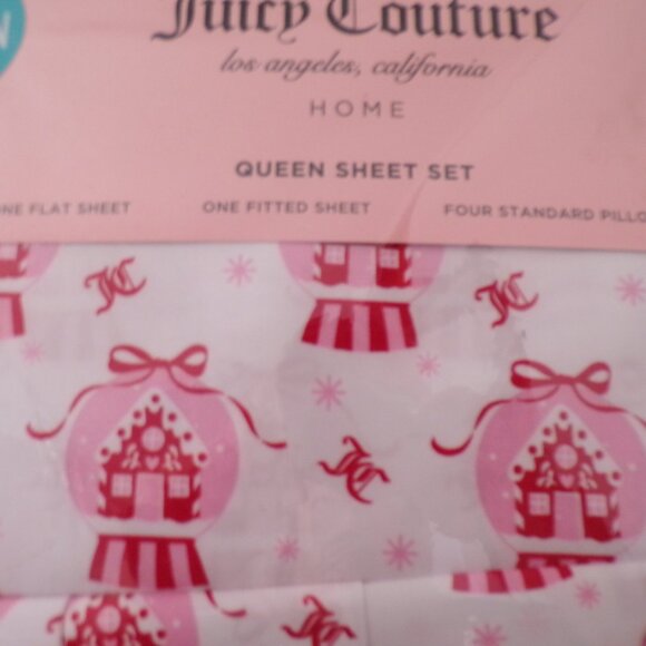 Juicy Couture 6pc QUEEN Sheet Set Snowglobes Pink / White - Picture 5 of 6